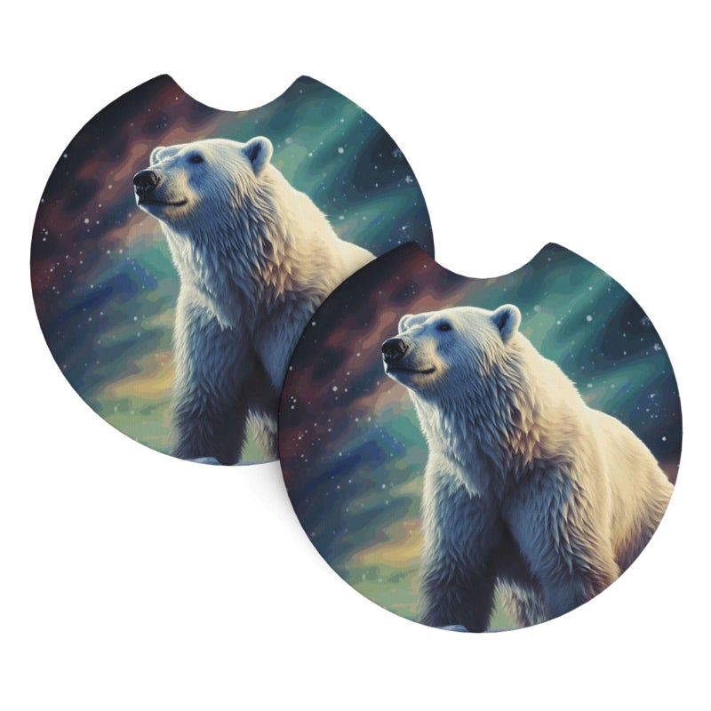 Northern Lights Polar Bear Car Cup Holder Coaster 2 Pcs Non Slip Absorbent Rubber Mat Universal Vehicle Accessories - Image 3