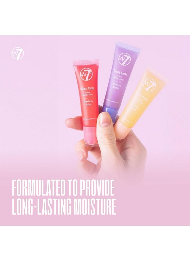 دبليو 7 - مجموعة هدايا مرطب الشفاه W7 Gloss Away Trio بزبدة الشيا ومستخلصات الفاكهة - يعيد ترطيب الشفاه المتشققة والجافة - نباتي وخالي من القسوة - بنكهة التوت الأزرق والفانيليا والفراولة - Image 1