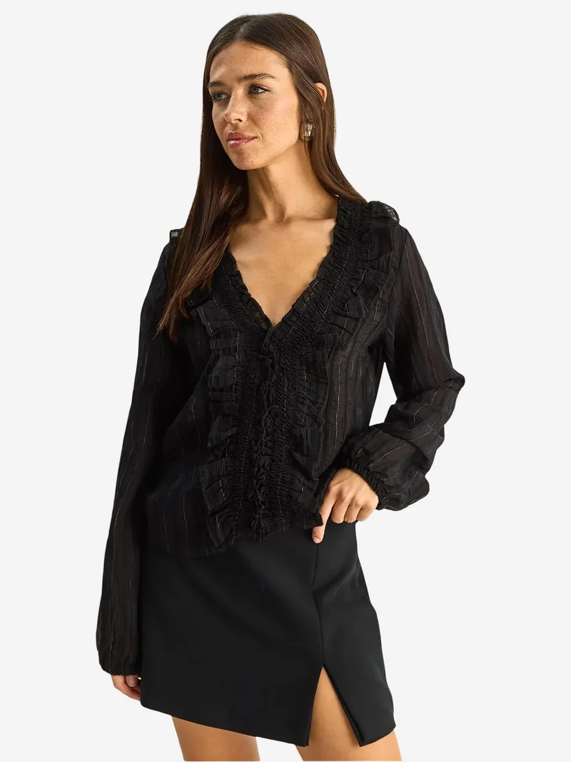 Bianco Lucci LUCCI Frilly V-neck Striped Blouse