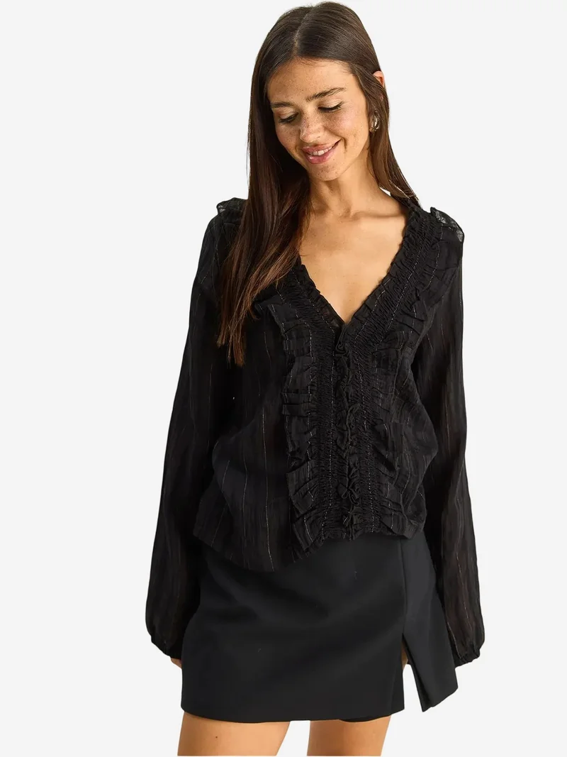 Bianco Lucci LUCCI Frilly V-neck Striped Blouse