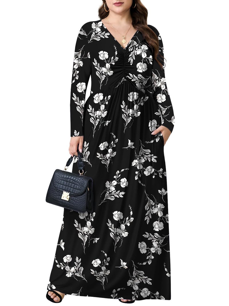 PEVRL Plus Size Maxi Dresses for Curvy Women V Neck Casual Long Dress with Pockets White Orchid 3X - Image 2