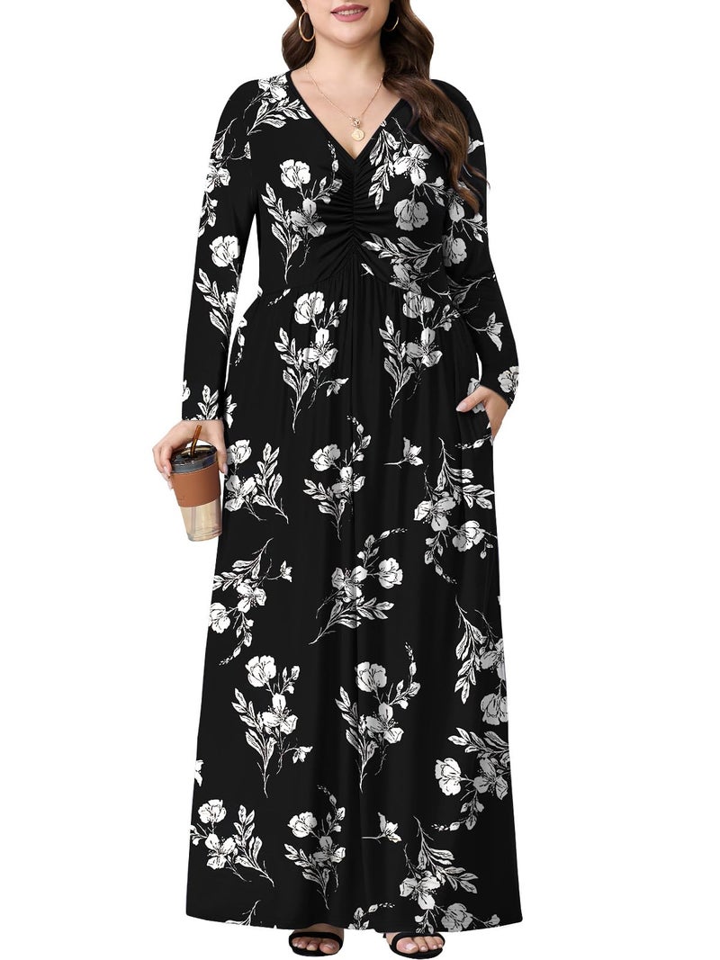 PEVRL Plus Size Maxi Dresses for Curvy Women V Neck Casual Long Dress with Pockets White Orchid 3X - Image 3