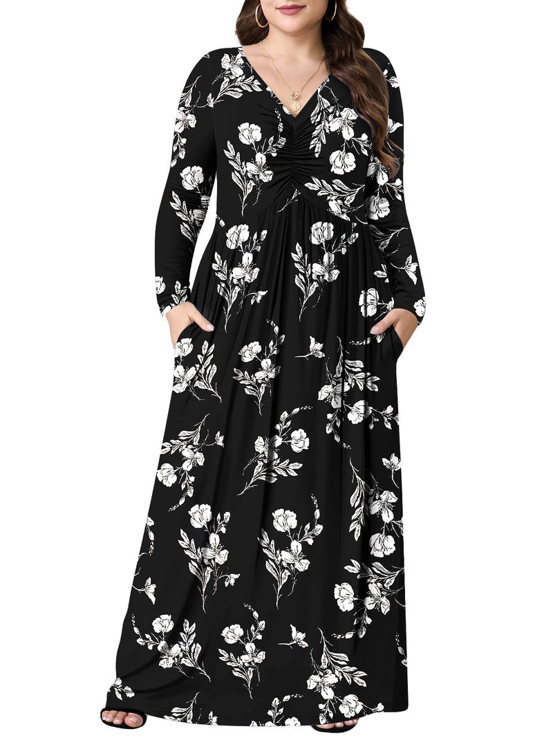 PEVRL Plus Size Maxi Dresses for Curvy Women V Neck Casual Long Dress with Pockets White Orchid 3X - Image 1