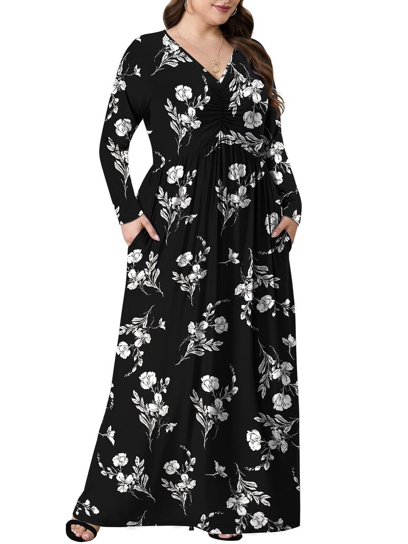PEVRL Plus Size Maxi Dresses for Curvy Women V Neck Casual Long Dress with Pockets White Orchid 3X - Image 4