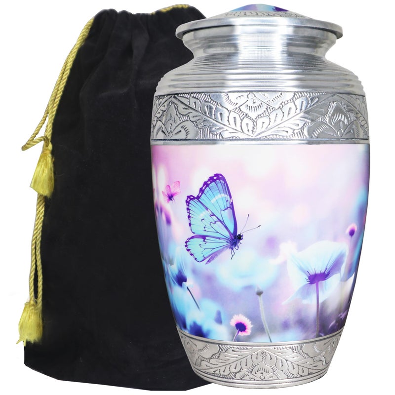 M MEILINXU Urns for Human Ashes Adult Female & Male, Cremation Urn for Ashes for Women & Man, Funeral Decorative, Urn with Butterflies, Burial, Blue Butterfly and Flower - Large - Image 1