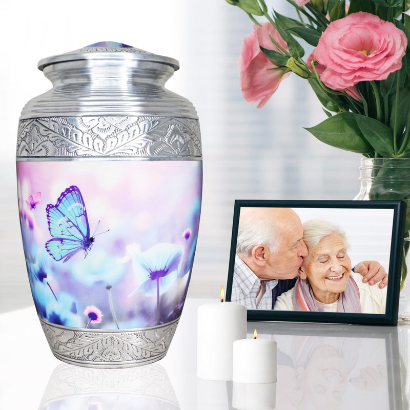 M MEILINXU Urns for Human Ashes Adult Female & Male, Cremation Urn for Ashes for Women & Man, Funeral Decorative, Urn with Butterflies, Burial, Blue Butterfly and Flower - Large - Image 4