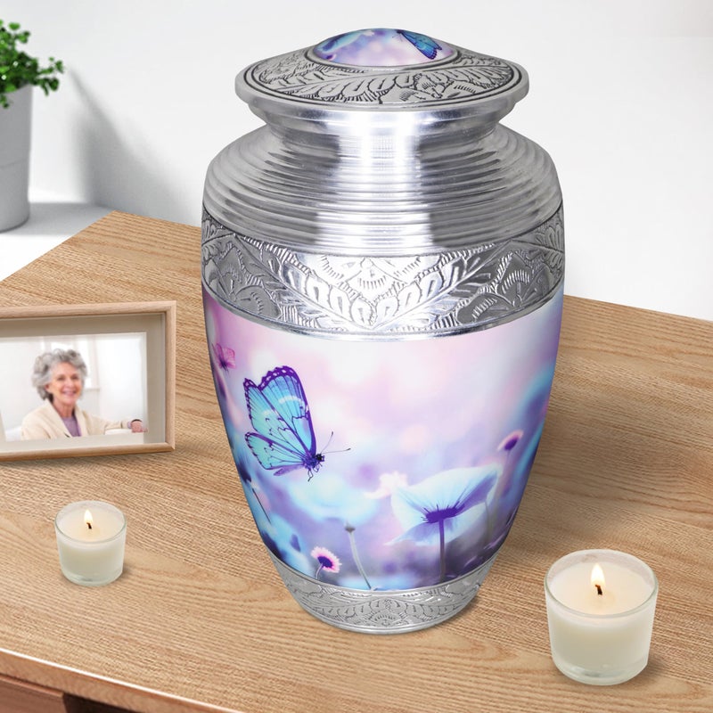 M MEILINXU Urns for Human Ashes Adult Female & Male, Cremation Urn for Ashes for Women & Man, Funeral Decorative, Urn with Butterflies, Burial, Blue Butterfly and Flower - Large - Image 5