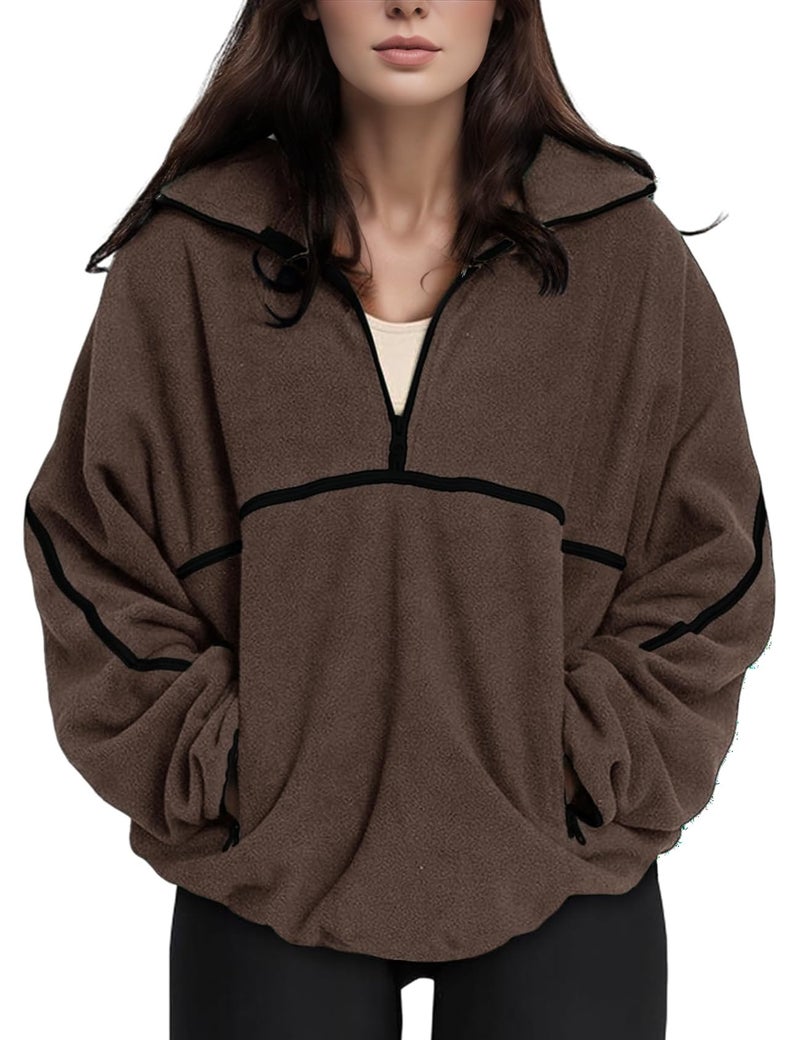 Yimoon Womens Half Zip Fleece Pullover Oversized Sherpa Sweatshirt Jacket Long Sleeve Warm Fuzzy Sweaters with Pockets(Brown-XL) - Image 1