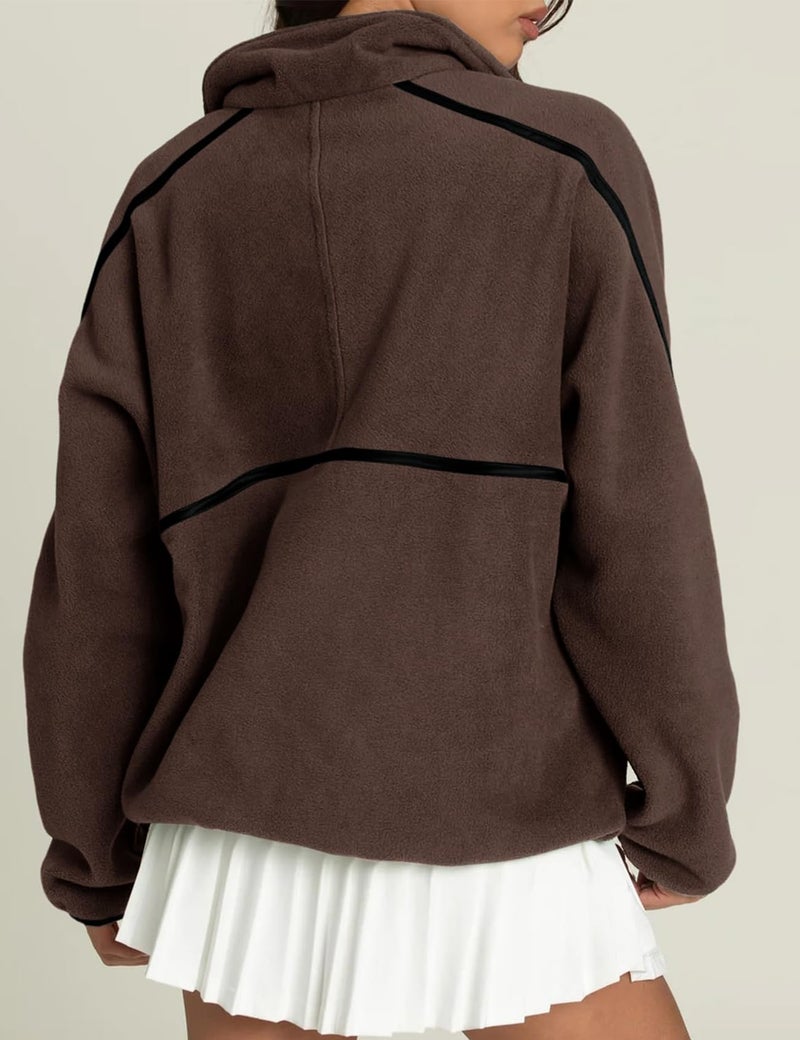 Yimoon Womens Half Zip Fleece Pullover Oversized Sherpa Sweatshirt Jacket Long Sleeve Warm Fuzzy Sweaters with Pockets(Brown-XL) - Image 3