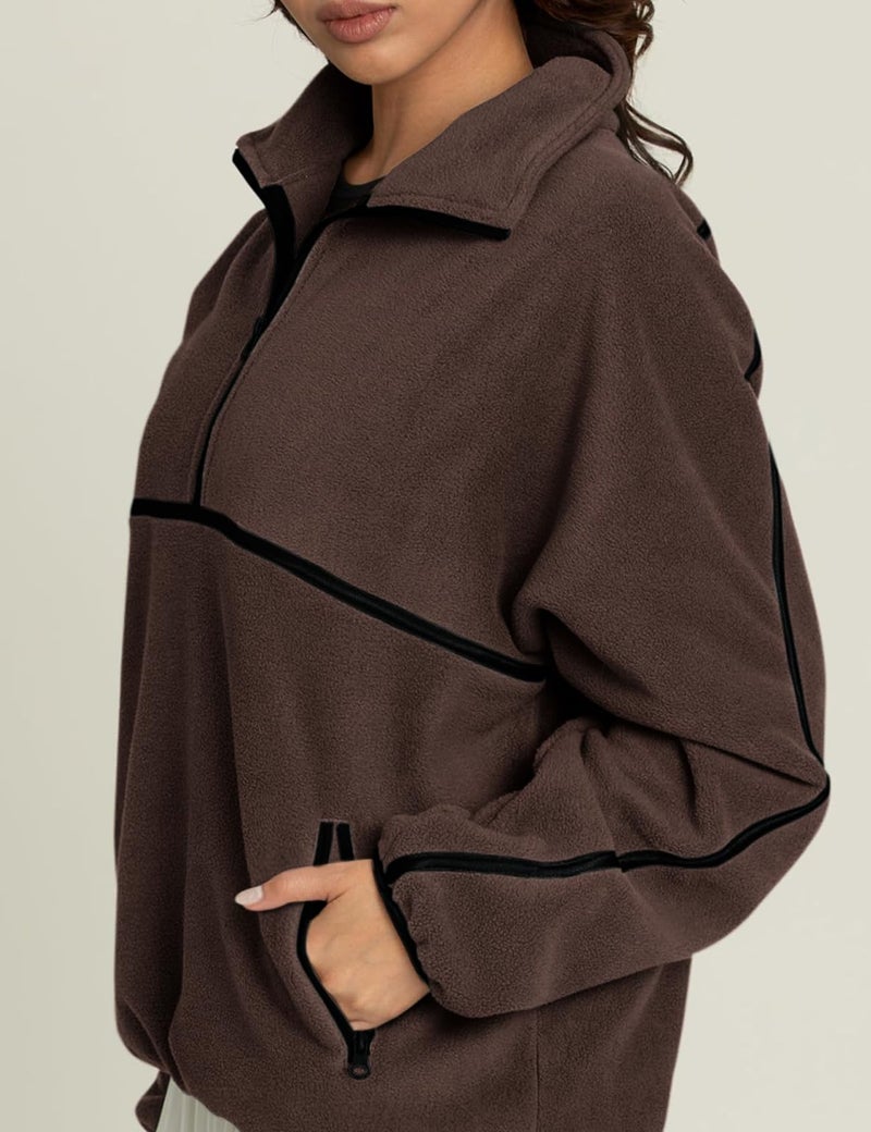 Yimoon Womens Half Zip Fleece Pullover Oversized Sherpa Sweatshirt Jacket Long Sleeve Warm Fuzzy Sweaters with Pockets(Brown-XL) - Image 2
