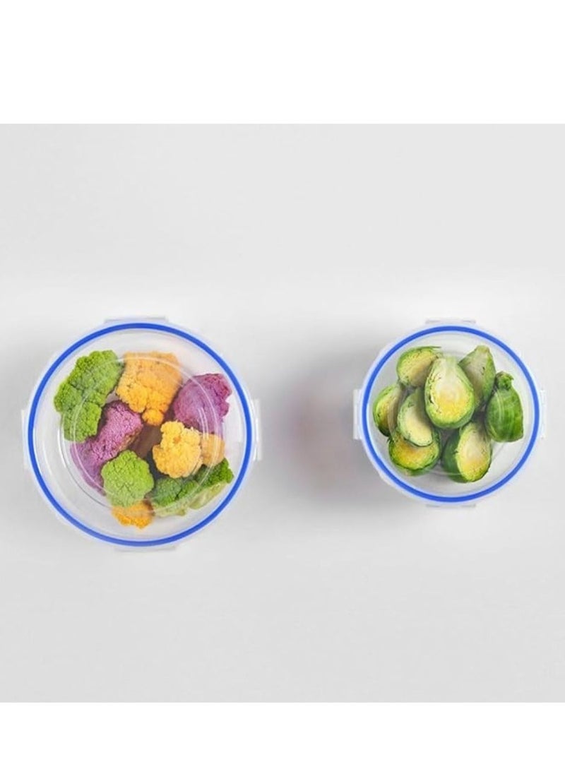 Dunya reusable plastic BPA free round box container set can be used for food storage meal prep leftovers food storage set consists of 4 Pcs varies in the set (625-1200-2100-3400 ml) Transparent