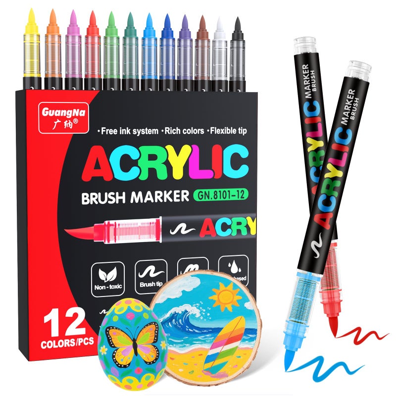 Guangna Acrylic Paint Markers Brush Tip 12 Vivid Colors with DirectLiquid Ink System ProfessionalGrade Paint Pen for Rock Painting Canvas Glass Plastic Fabric Pumpkin Painting Decorating Kit