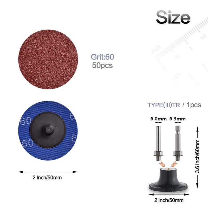NYXCL Miroku 50Pcs P60 2 inch Quick Change Discs Set, A/O Sanding Discs with 1/4" Holder, for Die Grinder Surface Prep Strip Grind Polish Finish Burr Rust Paint Removal - Image 1