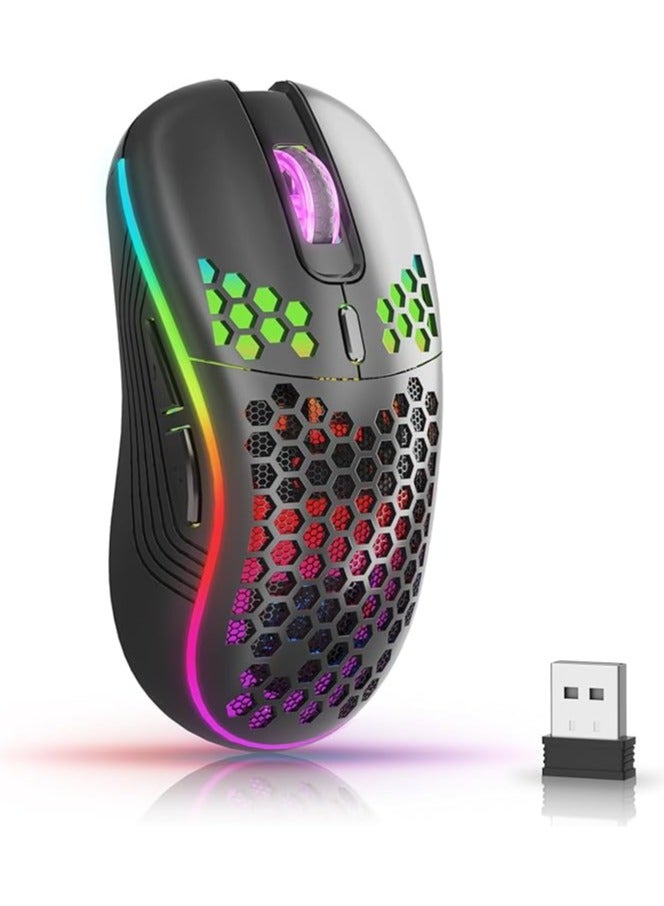 ماوس ألعاب لاسلكي ماوس كمبيوتر قابل لإعادة الشحن مزود بإضاءة خلفية RGB و6 أزرار مريحة وقابلة للتعديل لأجهزة الكمبيوتر المحمول وأجهزة الكمبيوتر وما إلى ذلك ماوس ألعاب لاسلكي أسود - Image 1