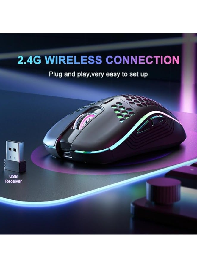 ماوس ألعاب لاسلكي ماوس كمبيوتر قابل لإعادة الشحن مزود بإضاءة خلفية RGB و6 أزرار مريحة وقابلة للتعديل لأجهزة الكمبيوتر المحمول وأجهزة الكمبيوتر وما إلى ذلك ماوس ألعاب لاسلكي أسود - Image 2