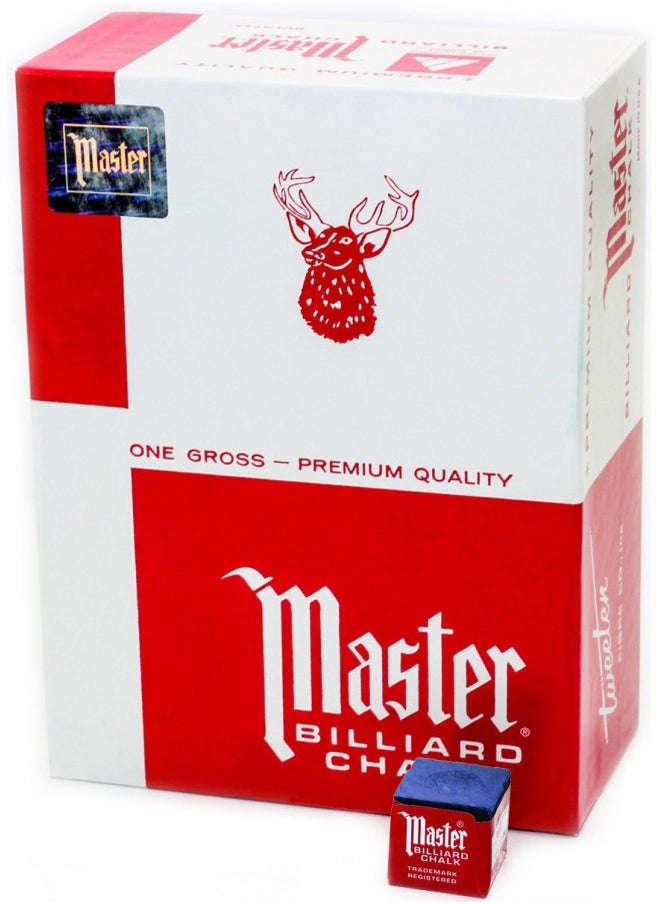 Master Master Billiard Pool Chalk, Pack of 144 Cubes, Blue, with Protective Box - Professional Billiards Chalk for Smooth, Even Coating on Cue Tip - Pool Table Accessories Gifts for Men 