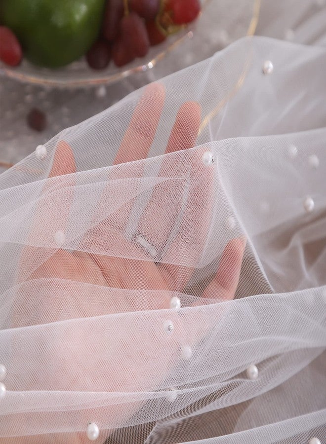 Tosleo White Pearl Table Cloth Spring Summer Sheer Tulle Fabric Lace Tablecloth Table Cover Bridal Veil Tablecloths Chiffon Table Covers for Christmas Wedding Birthday Party Arch(55 x 70 Inch) - Image 3