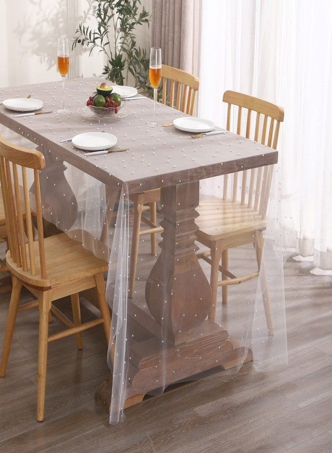 Tosleo White Pearl Table Cloth Spring Summer Sheer Tulle Fabric Lace Tablecloth Table Cover Bridal Veil Tablecloths Chiffon Table Covers for Christmas Wedding Birthday Party Arch(55 x 70 Inch) - Image 1
