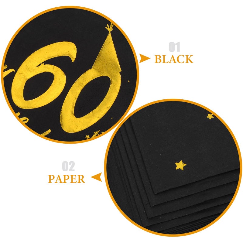 60th Birthday Party Napkins 40 Pieces Black Gold Foil Printed Large Dinner Napkins - Image 4