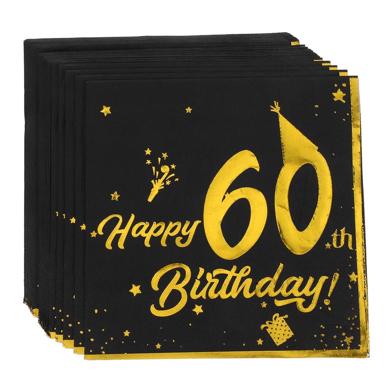 60th Birthday Party Napkins 40 Pieces Black Gold Foil Printed Large Dinner Napkins - Image 2