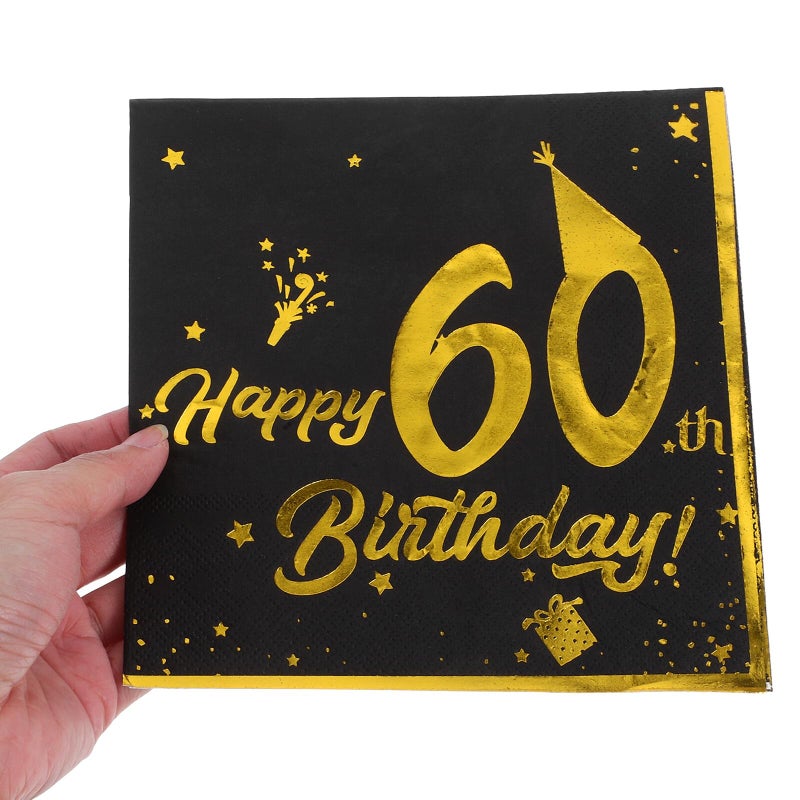 60th Birthday Party Napkins 40 Pieces Black Gold Foil Printed Large Dinner Napkins - Image 5