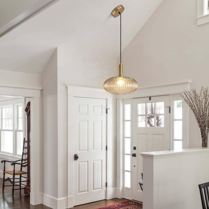 KCO Lighting Modern Gold Globe Pendant Lamp 1-Light Mid Century Antique Brass Dining Pendant Light Amber Glass Farmhouse Pendant Lighting Adjustable Large Vintage Hanging Ceiling Pendant Light - Image 3