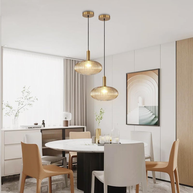 KCO Lighting Modern Gold Globe Pendant Lamp 1-Light Mid Century Antique Brass Dining Pendant Light Amber Glass Farmhouse Pendant Lighting Adjustable Large Vintage Hanging Ceiling Pendant Light - Image 2