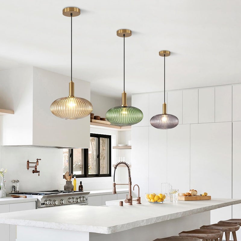 KCO Lighting Modern Gold Globe Pendant Lamp 1-Light Mid Century Antique Brass Dining Pendant Light Amber Glass Farmhouse Pendant Lighting Adjustable Large Vintage Hanging Ceiling Pendant Light - Image 4