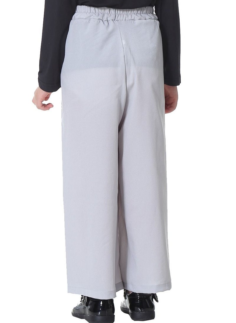 إسكدنيا Girl's Solid Color Elastic Waistband Comforty Loose Casual Pants Grey - Image 3