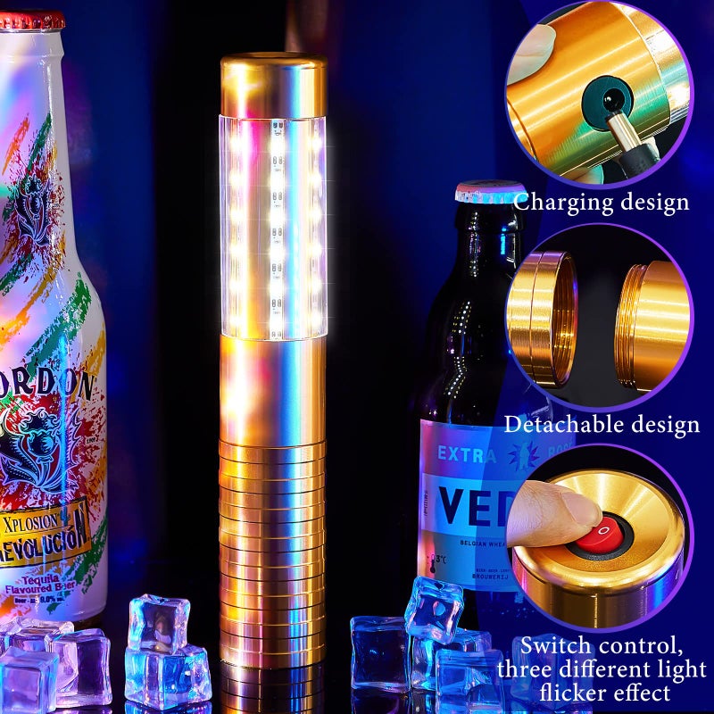 Civaner أضواء خدمة الزجاجات LED ستروب باتون 4 قطع من Civaner ، أضواء زجاجة الفتاة الساطعة القابلة لإعادة الشحن للشمبانيا ، ضوء محمول لليلة النادي وحفلات الزفاف والحفلات والمناسبات الخارجية (ذهبي) - Image 3
