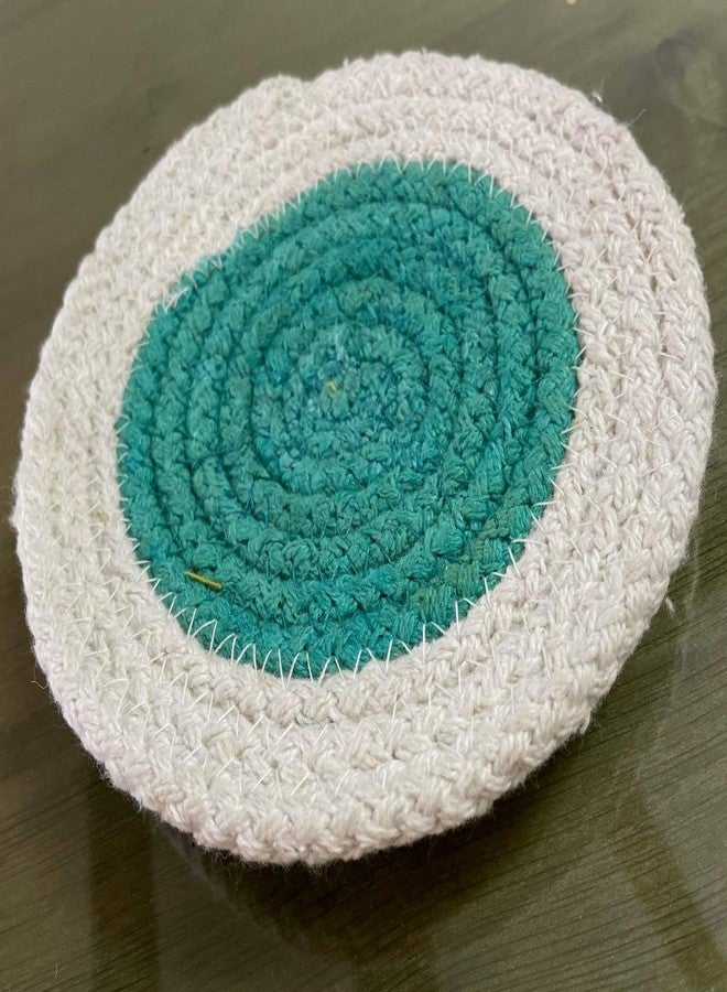 pepme Home Cotton Tea Coaster Dual Color, Round Design, Hot Pads for Hot Plates, Tea Cup, Dining Table, Bedside Table, Chatni/Suacer mat, Decoration mat (White Green, 4 inch, Pack of 3) - Image 1
