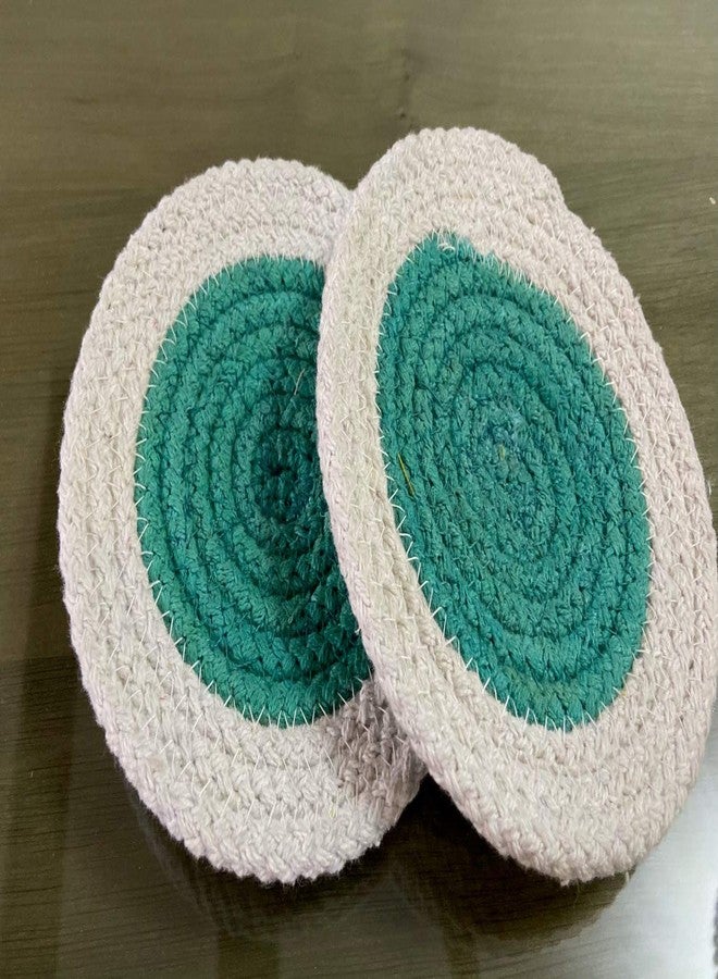 pepme Home Cotton Tea Coaster Dual Color, Round Design, Hot Pads for Hot Plates, Tea Cup, Dining Table, Bedside Table, Chatni/Suacer mat, Decoration mat (White Green, 4 inch, Pack of 3) - Image 5