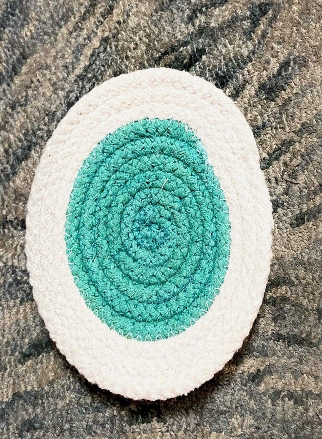 pepme Home Cotton Tea Coaster Dual Color, Round Design, Hot Pads for Hot Plates, Tea Cup, Dining Table, Bedside Table, Chatni/Suacer mat, Decoration mat (White Green, 4 inch, Pack of 3) - Image 2