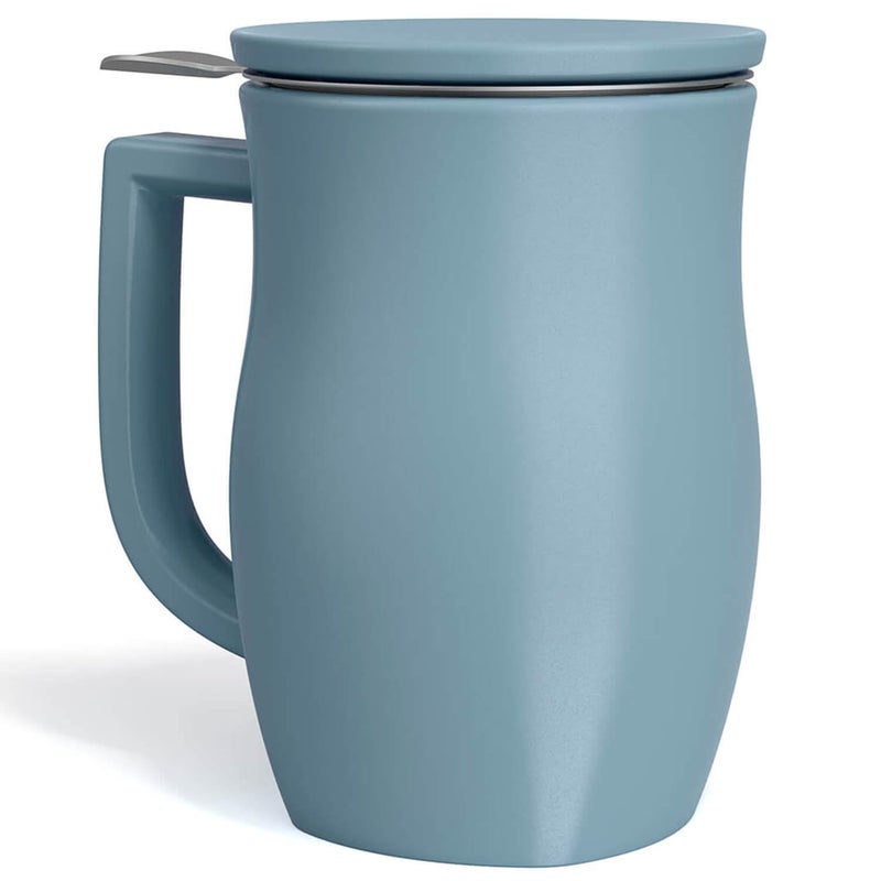 Tea Forte Stone Blue Fiore Ceramic 14 ounce Tea Mug with Infuser and Lid Ceramic Cup with Handle for Steeping Loose Leaf Teas Dishwasher  Microwave Safe