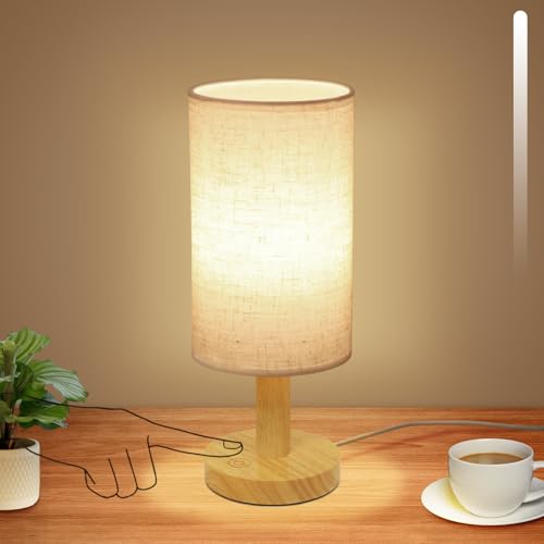 UCHENTON Small Touch Table Lamp with Stepless Dimming&USB Plug,Natural Round Wood Base&Linen Fabric Shade |Soft Ambient Warm Night Light|Minimalist Boho Bedside Lamp for Bedroom,Nightstand,Nursery,Kitchen,Dorm - Image 1