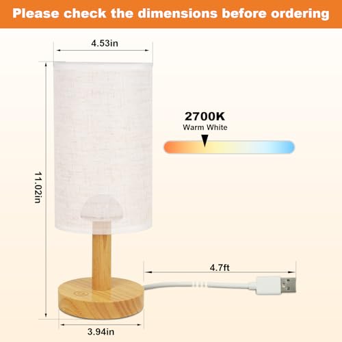 UCHENTON Small Touch Table Lamp with Stepless Dimming&USB Plug,Natural Round Wood Base&Linen Fabric Shade |Soft Ambient Warm Night Light|Minimalist Boho Bedside Lamp for Bedroom,Nightstand,Nursery,Kitchen,Dorm - Image 3