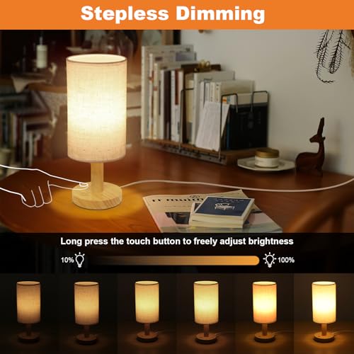 UCHENTON Small Touch Table Lamp with Stepless Dimming&USB Plug,Natural Round Wood Base&Linen Fabric Shade |Soft Ambient Warm Night Light|Minimalist Boho Bedside Lamp for Bedroom,Nightstand,Nursery,Kitchen,Dorm - Image 2