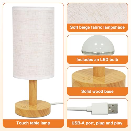 UCHENTON Small Touch Table Lamp with Stepless Dimming&USB Plug,Natural Round Wood Base&Linen Fabric Shade |Soft Ambient Warm Night Light|Minimalist Boho Bedside Lamp for Bedroom,Nightstand,Nursery,Kitchen,Dorm - Image 5