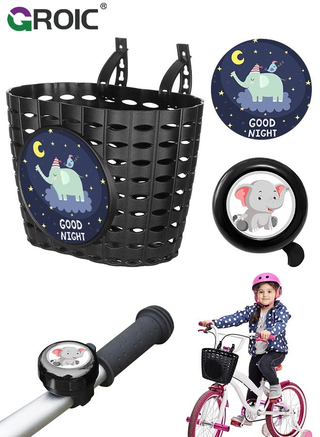 GROIC Kids Black Bike Basket with Bell, Cute Bicycle Front Handlebar Basket,Portable Plastic Tricycle Basket  - Image 1