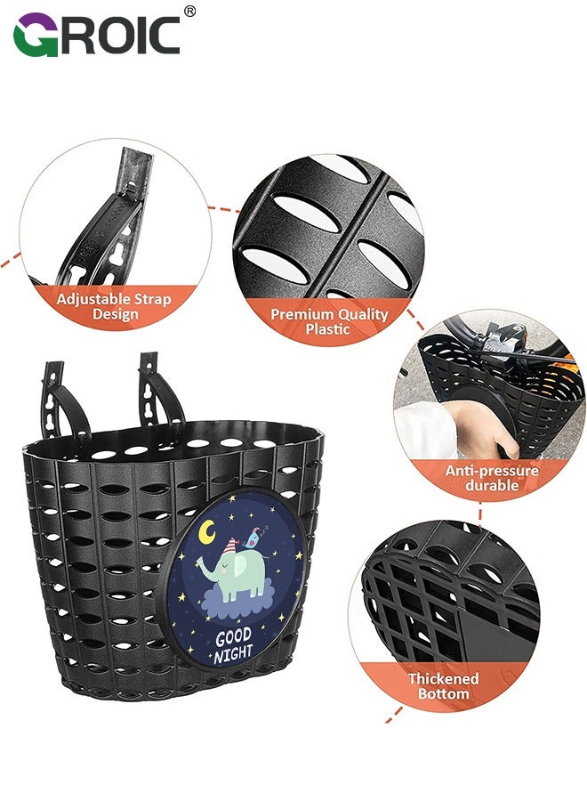 GROIC Kids Black Bike Basket with Bell, Cute Bicycle Front Handlebar Basket,Portable Plastic Tricycle Basket  - Image 3