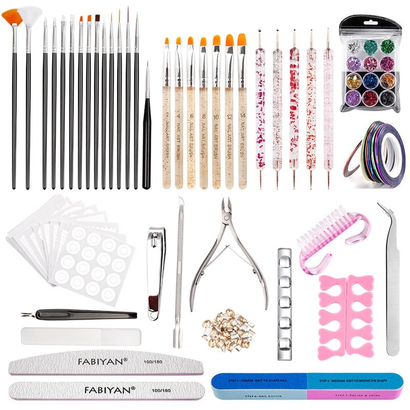 Eyech 42pcs Nail Kit Set, DIY Acrylic Nail Art Tool for Beginners, Nail Design Set with Nail Brushes, Dotting Tools, Nail Files, Nail Art Striping Tape, Cuticle Tools, Nail Art Foil, Nail Rhinestones