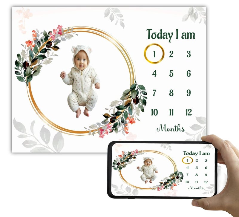 Hoolloomooloo Baby Monthly Milestone Blanket 112 Months Soft AllSeason AC Blanket Ideal for Newborn Boys Girls Perfect Growth Tracker Photoshoot Prop with Decorative Floral 120x90 cm - Image 1