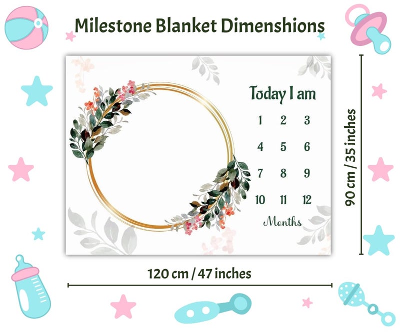 Hoolloomooloo Baby Monthly Milestone Blanket 112 Months Soft AllSeason AC Blanket Ideal for Newborn Boys Girls Perfect Growth Tracker Photoshoot Prop with Decorative Floral 120x90 cm - Image 3