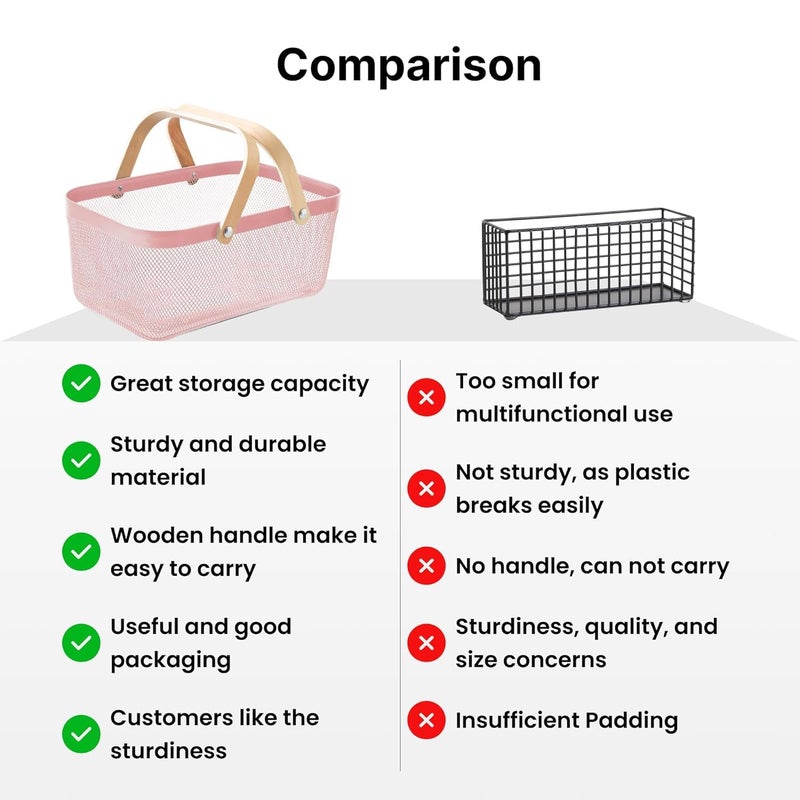 Kuber Industries Kuber Industries Metal Mesh Basket for Storage with wooden handle | 720Gm | Fruit Basket & Vegetable Basket for Kitchen | Kitchen Organizer | Baskets for Organizing Home | Pink | Multipurpose |  - Image 5