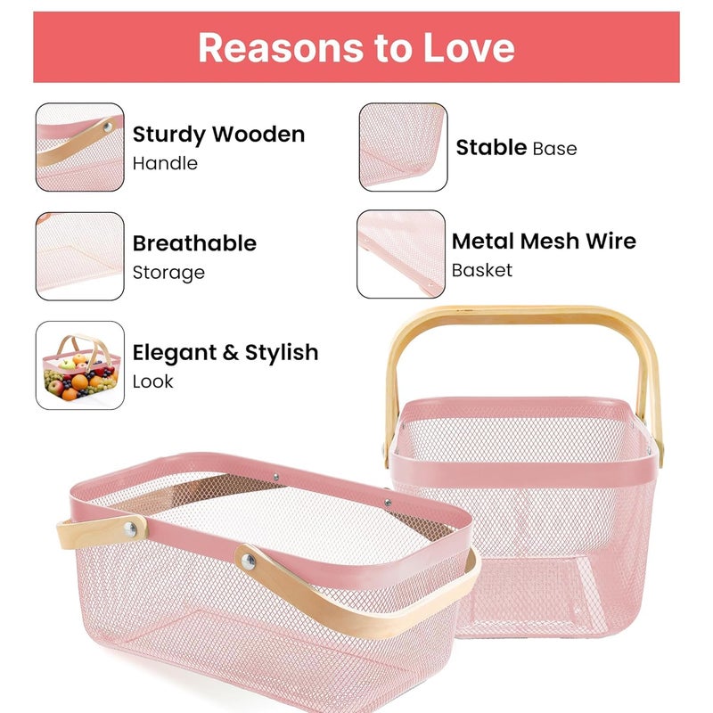 Kuber Industries Kuber Industries Metal Mesh Basket for Storage with wooden handle | 720Gm | Fruit Basket & Vegetable Basket for Kitchen | Kitchen Organizer | Baskets for Organizing Home | Pink | Multipurpose |  - Image 2