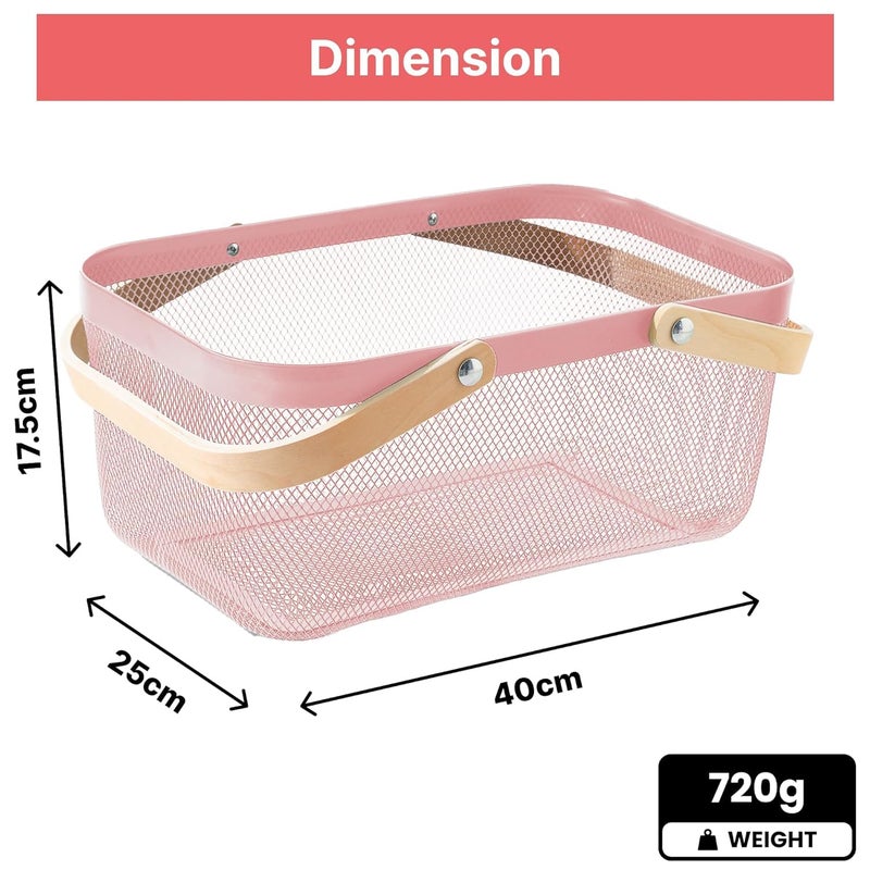 Kuber Industries Kuber Industries Metal Mesh Basket for Storage with wooden handle | 720Gm | Fruit Basket & Vegetable Basket for Kitchen | Kitchen Organizer | Baskets for Organizing Home | Pink | Multipurpose |  - Image 4