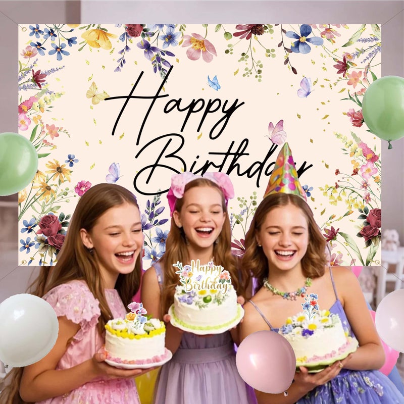 jenlion Wildflower Birthday Decorations for Women Girls, Sage Green Dusty Pink Balloon Arch Garland Kit with Floral Happy Birthday Backdrop, 12 Cupcake Toppers, Boho Spring Garden Party Supplies - Image 4