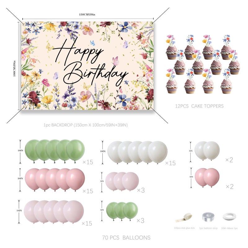 jenlion Wildflower Birthday Decorations for Women Girls, Sage Green Dusty Pink Balloon Arch Garland Kit with Floral Happy Birthday Backdrop, 12 Cupcake Toppers, Boho Spring Garden Party Supplies - Image 2