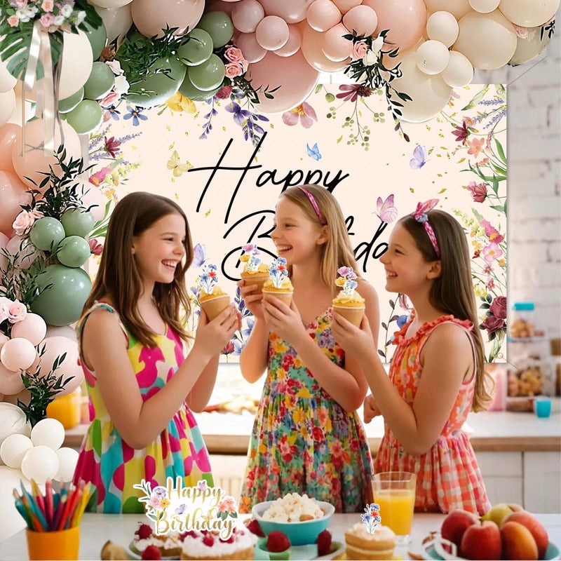 jenlion Wildflower Birthday Decorations for Women Girls, Sage Green Dusty Pink Balloon Arch Garland Kit with Floral Happy Birthday Backdrop, 12 Cupcake Toppers, Boho Spring Garden Party Supplies - Image 5