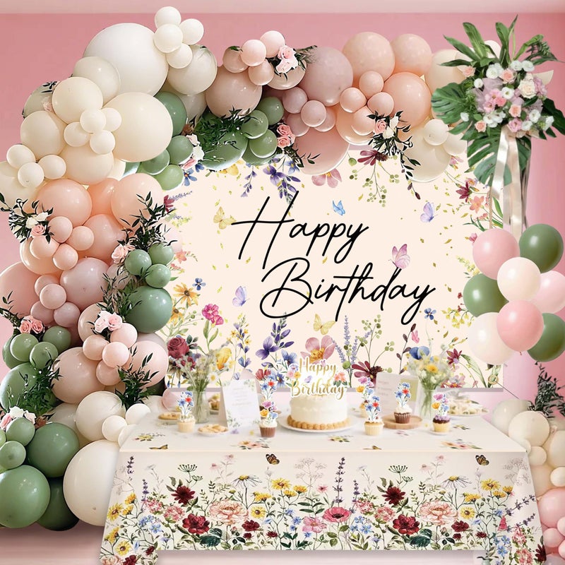 jenlion Wildflower Birthday Decorations for Women Girls, Sage Green Dusty Pink Balloon Arch Garland Kit with Floral Happy Birthday Backdrop, 12 Cupcake Toppers, Boho Spring Garden Party Supplies - Image 1